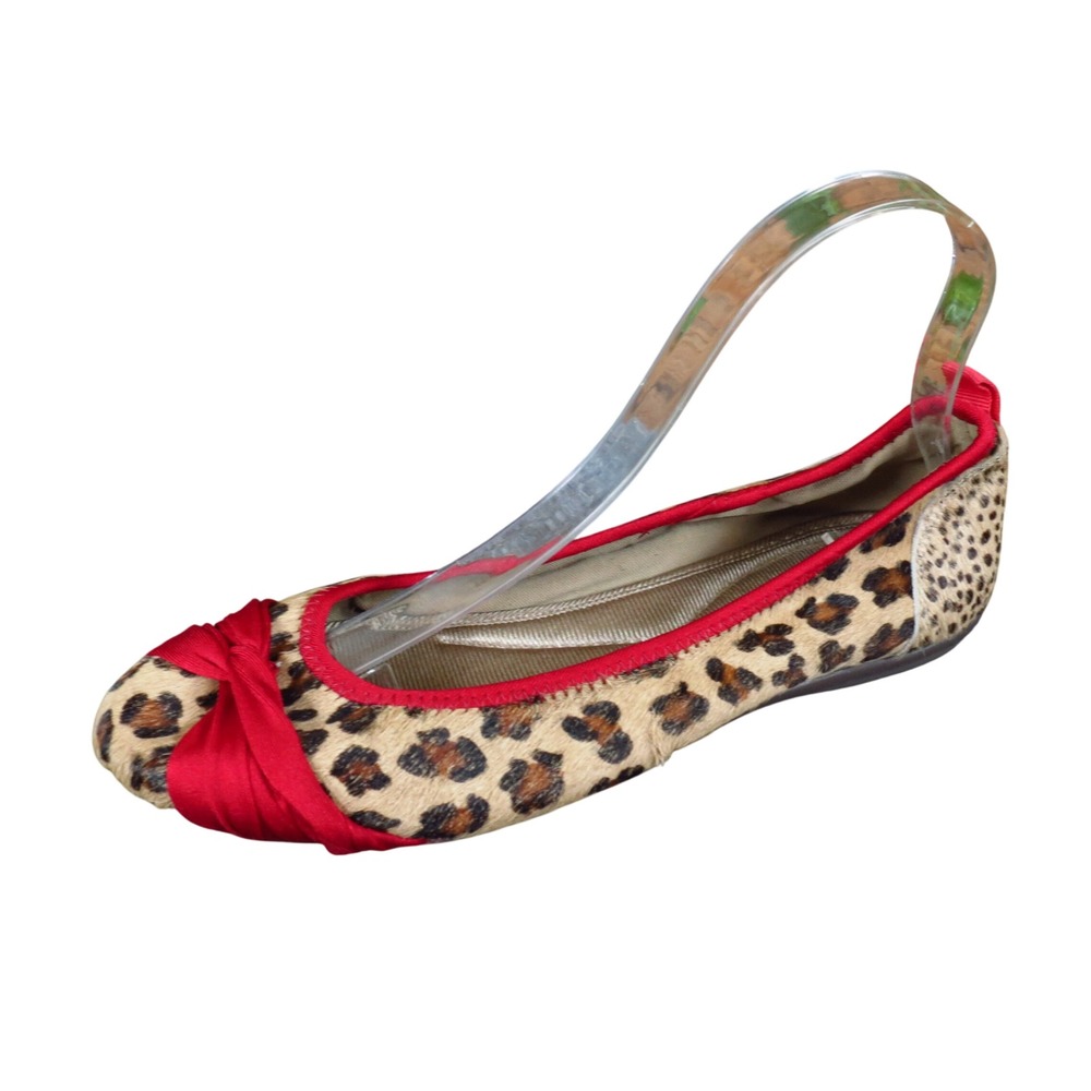 DKNY Women Ballet Flat Size 8 Dress Leopard Print Calf Hair Red Bow Trim Brown